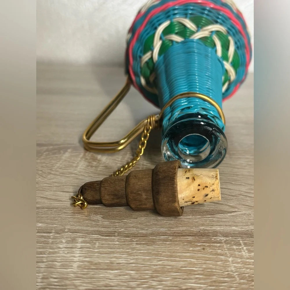 Vintage Spain Wine Bottle Plastic Woven Wicker Metal Handle